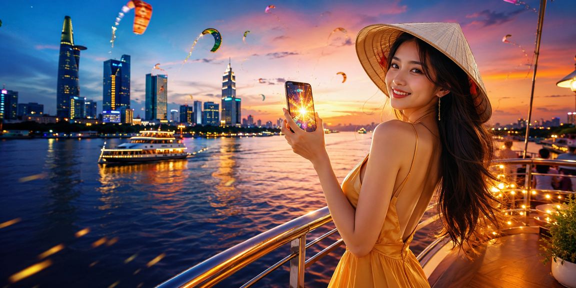Người dùng truy cập voucher trên điện thoại tại Sài Gòn với cảnh sắc đặc trưng nón lá